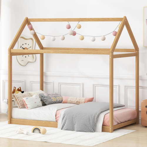 Twin Size Wooden House Bed, White、、casual