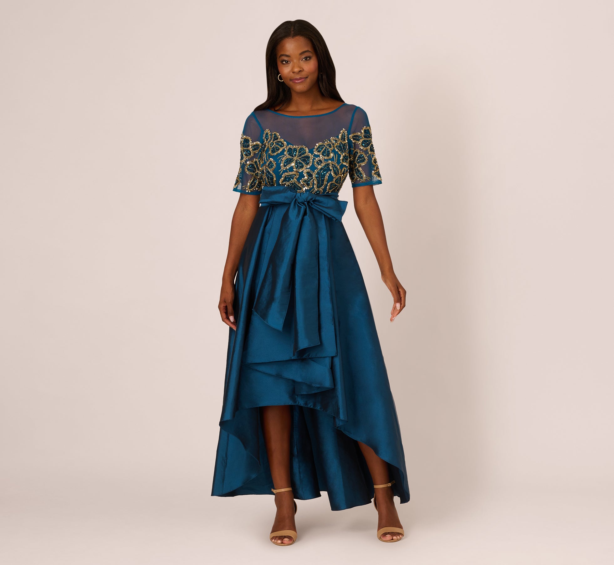 Bead Taffeta High Low Long Dress In Teal Sapphire Gold、mySite、solidvoid