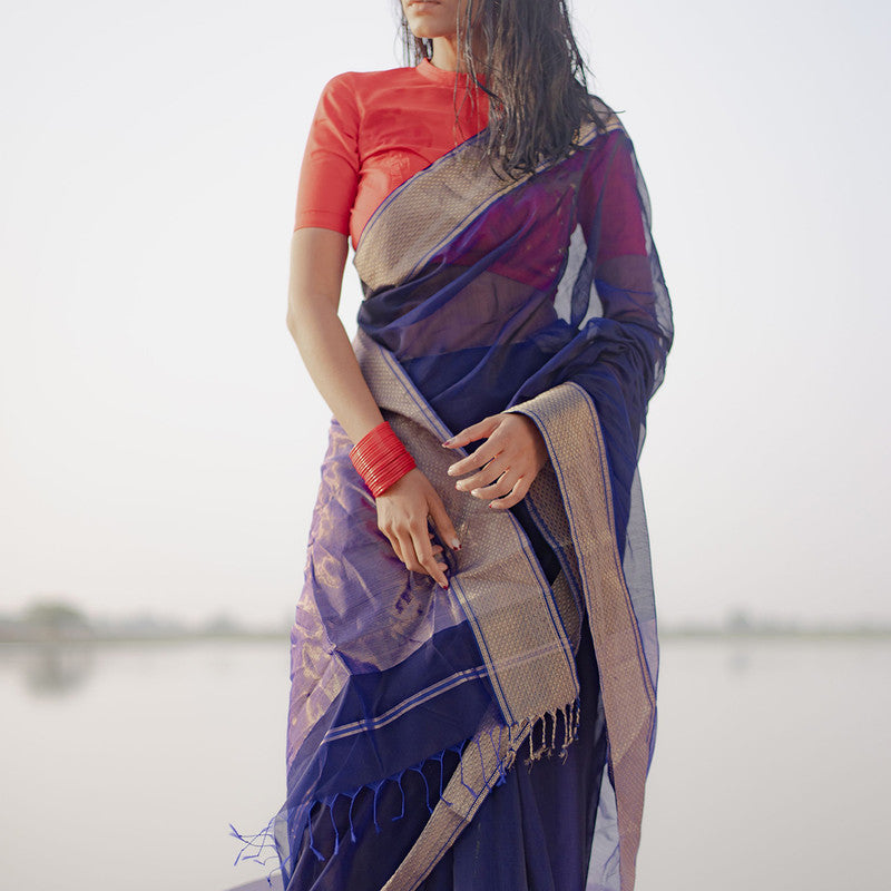 Maheshwari Silk Cotton Saree | Navy Blue、mySite、camillekostekn