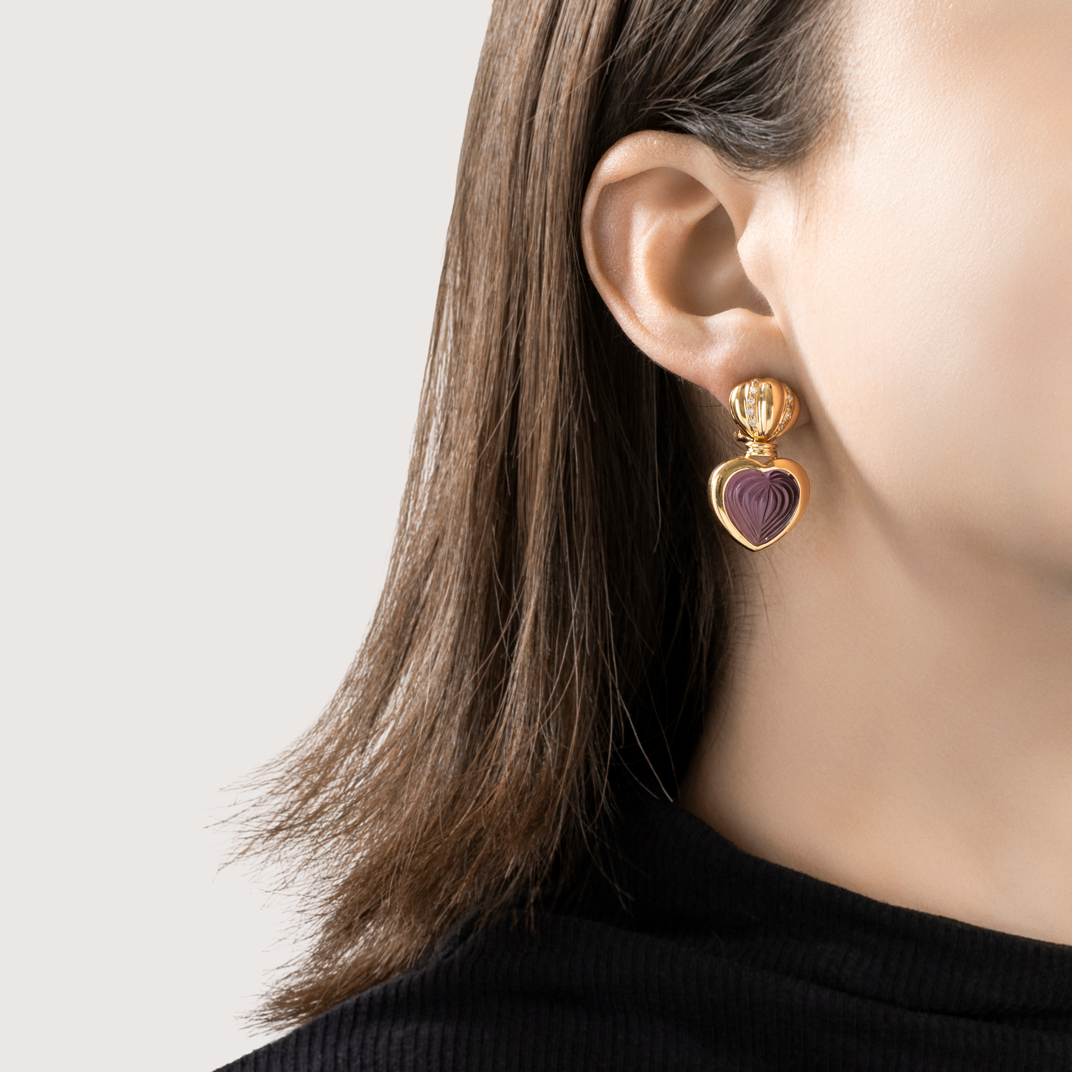 Vintage 18k Yellow Gold Amethyst Diamond Regal Hearts Statement Earrings、mySite、hinf8tx79