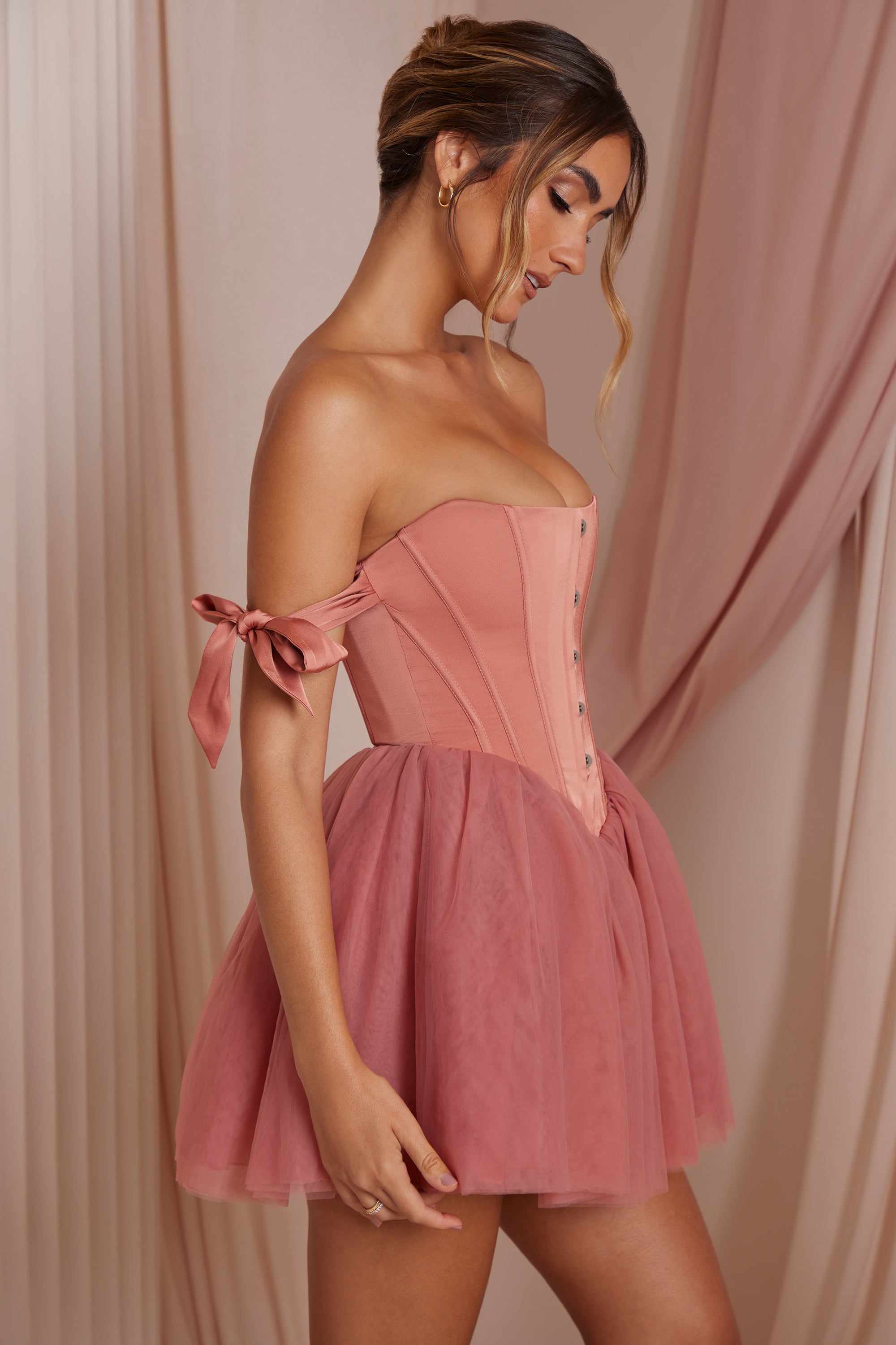Off Shoulder Tulle Skirt Mini Dress in Terracotta、mySite、solidvoid