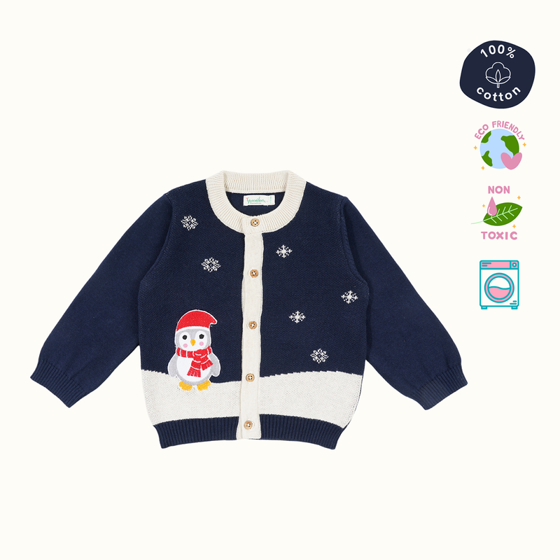 Cotton Jacquard Sweater & Lower Set | Penguine Printed | Navy Blue & Pink | Set of 2、mySite、camillekostekn