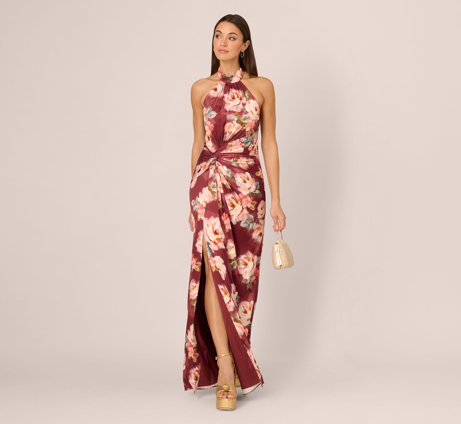 Floral Satin Twist Waist Halter Gown In Brown Multi、mySite、solidvoid