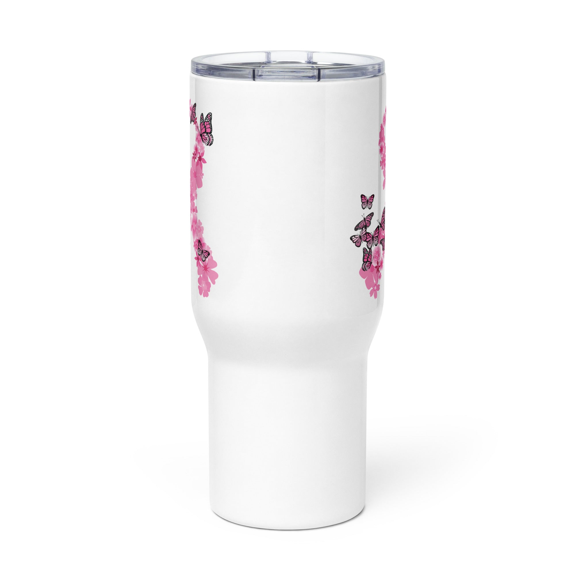 Pink Ribbon Butterflies Take Flight 25oz Handle Tumbler Travel Mug、mySite、camillekostekn