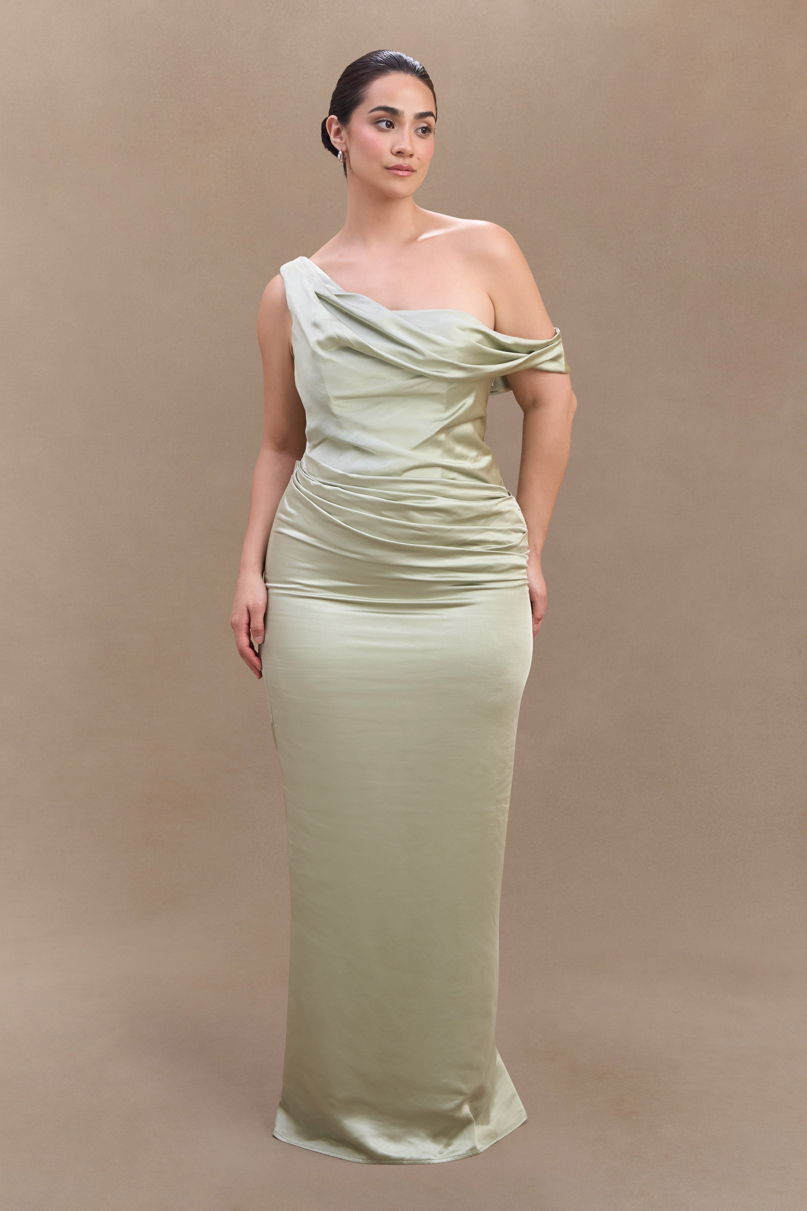 Dalia Off Shoulder Satin Maxi Dress - Sage、mySite、solidvoid