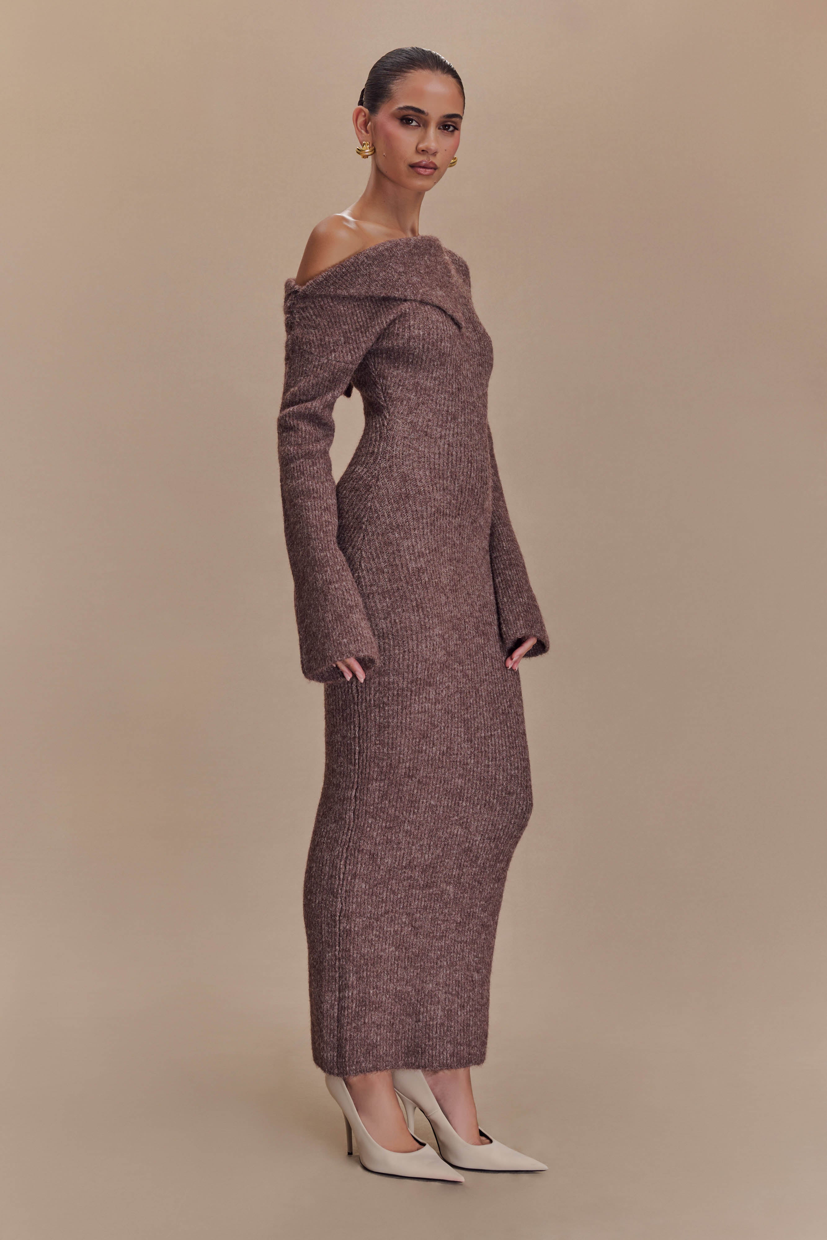 Magenta One Shoulder Fluffy Knit Midi Dress - Pecan、mySite、solidvoid