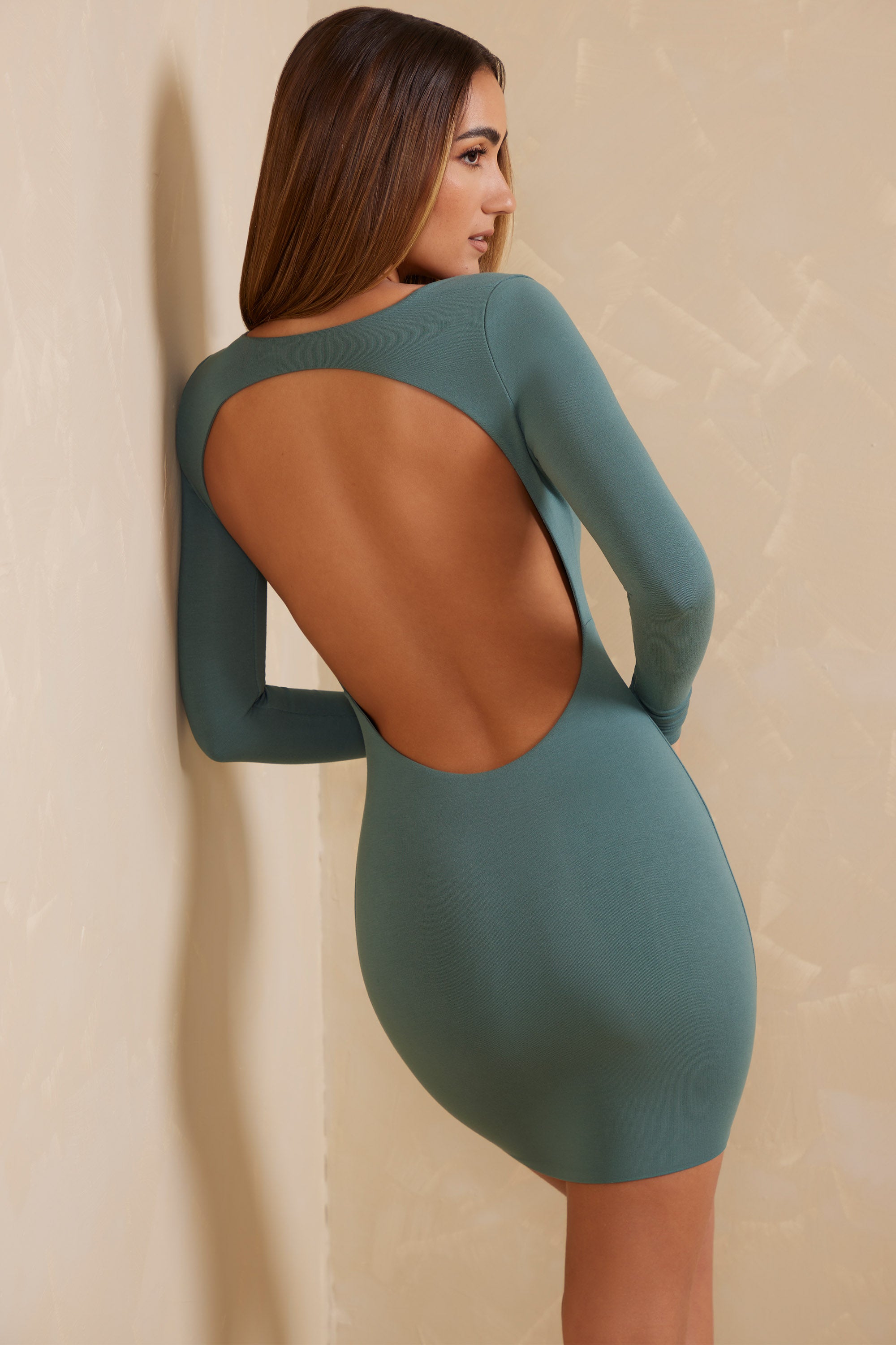 Long Sleeve Open Back Mini Dress in Teal、mySite、solidvoid