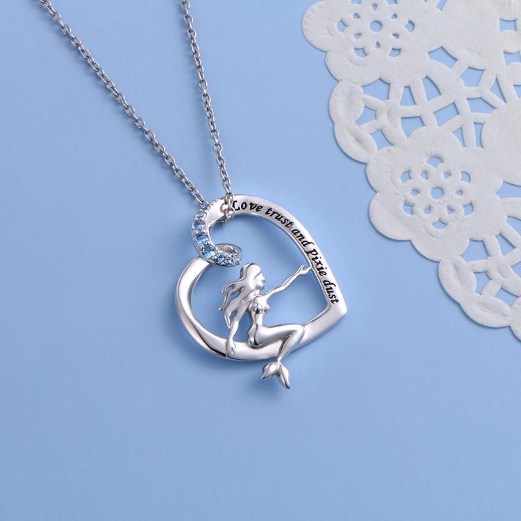 Mermaid in a Heart Necklace Love, Trust and Pixie Dust Sterling Silver with Blue CZ、mySite、g9winljtr