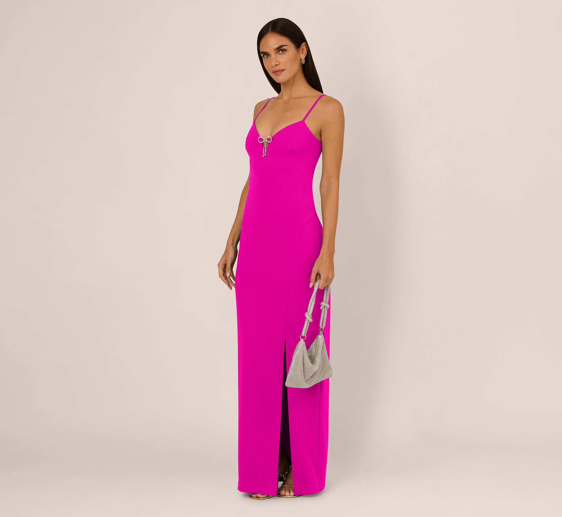 Sleeveless Knit Crepe Rhinestone Bow Column Gown In Pink Flame、mySite、solidvoid