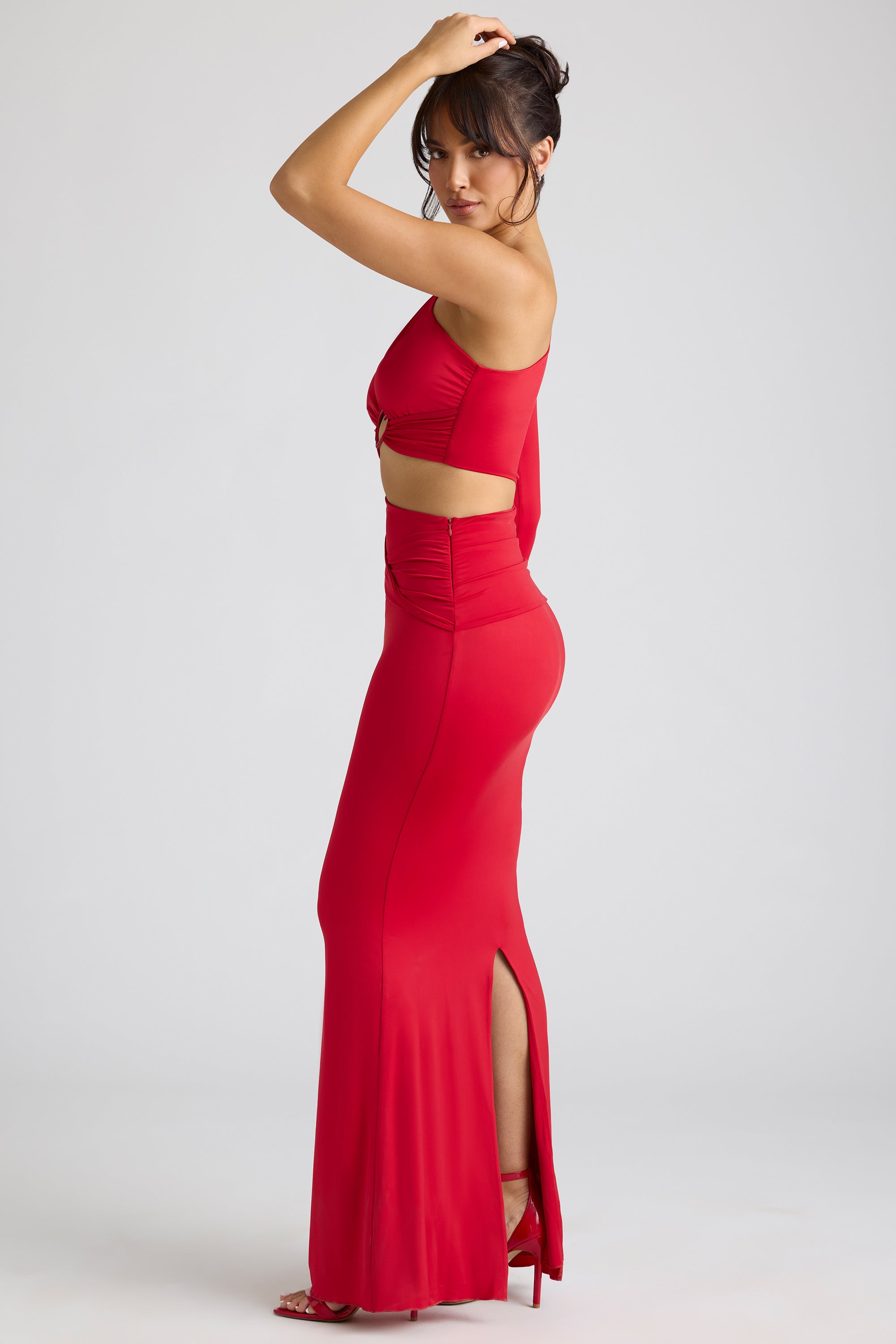 Single Sleeve Cut Out Evening Gown in Fire Red、mySite、solidvoid
