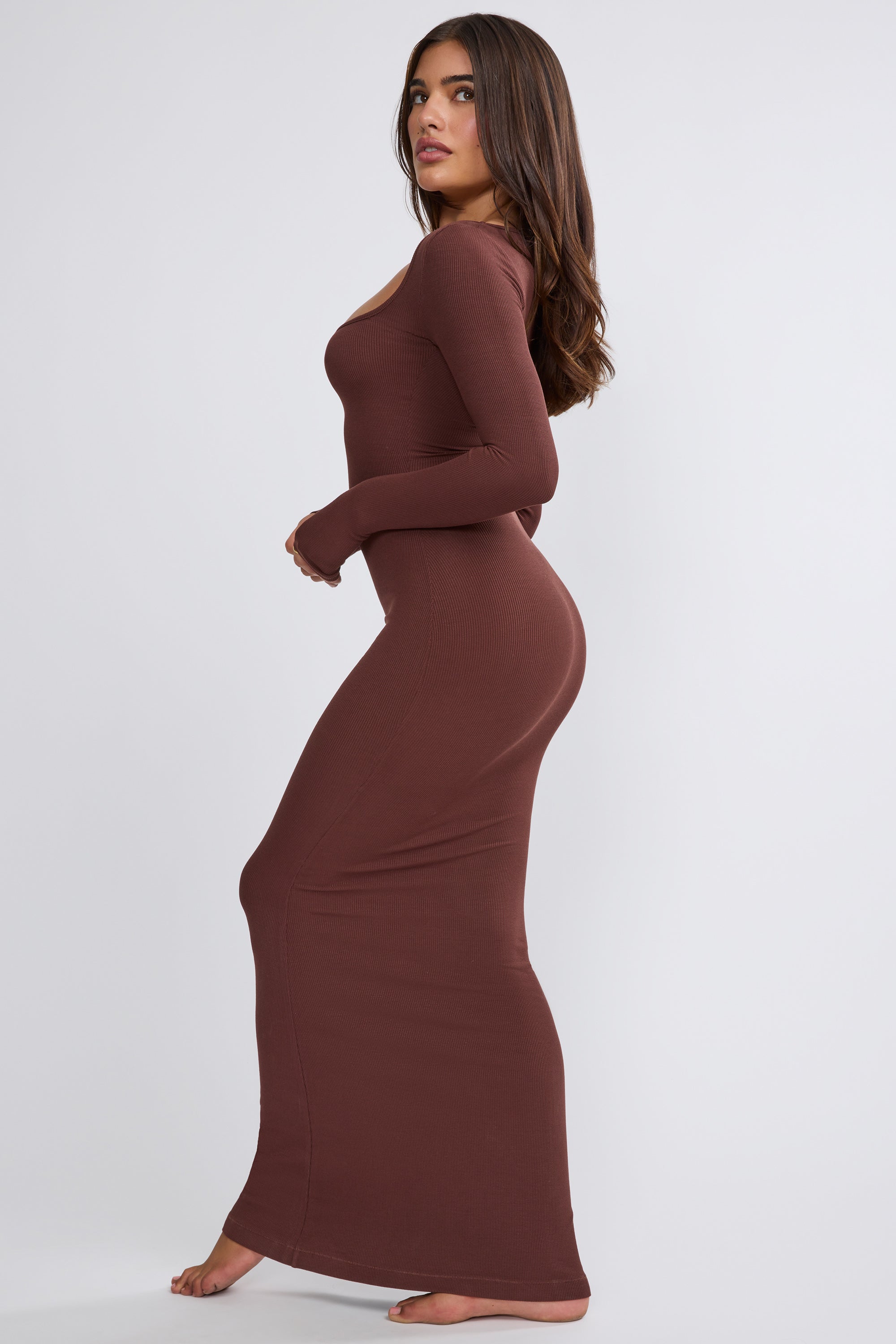Ribbed Modal Long Sleeve Maxi Dress in Chocolate、mySite、solidvoid
