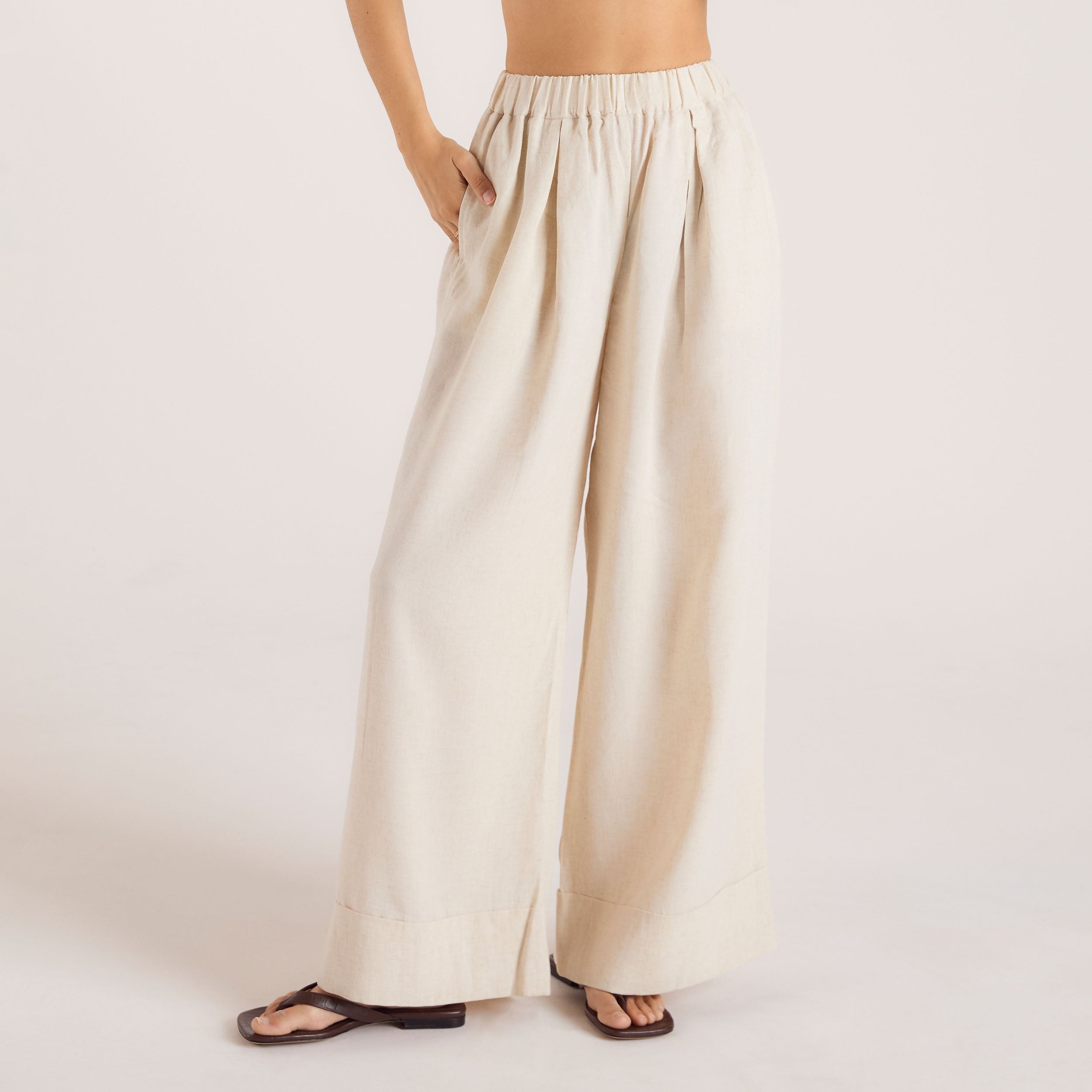 Linen Blend Wide-Leg Trousers - Cream、mySite、bengalsvssteelers