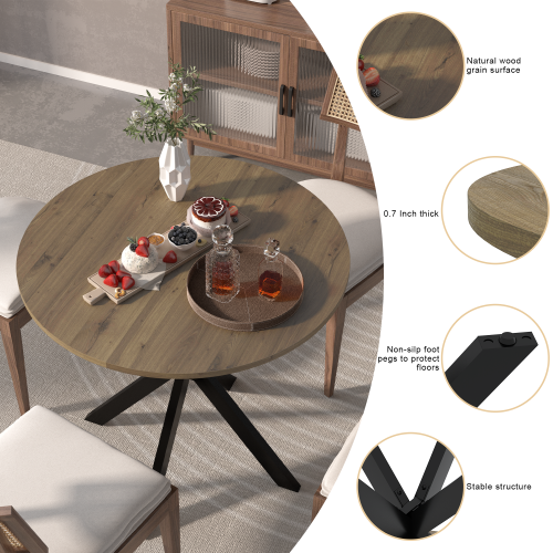 31.5 Inch Round Dining Table, Small Circle Kitchen Table with Metal Black Legs for 2-4 people,Modern Dining Room Table, Brown (only table)、、casual