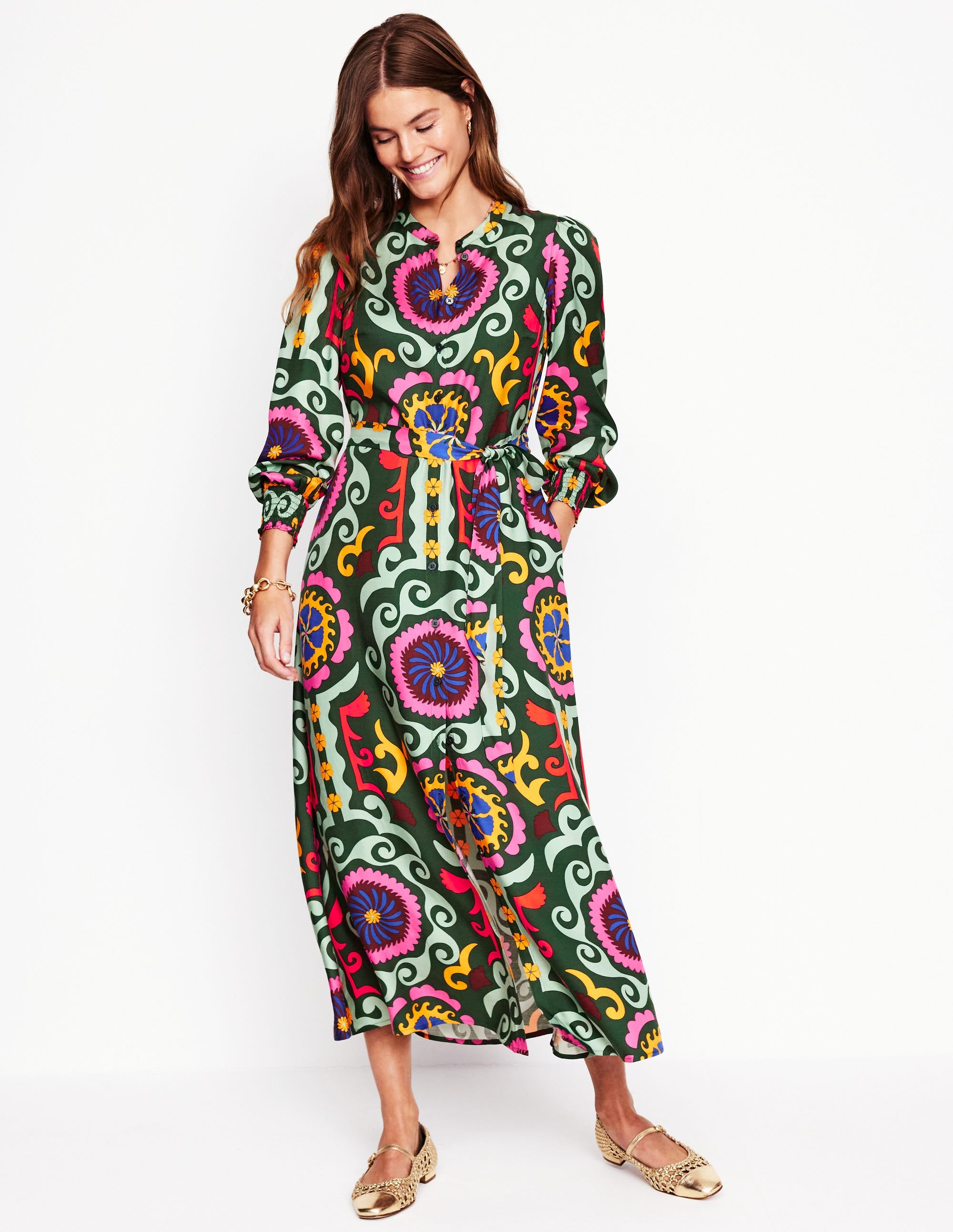  Ruby Collarless Shirt Dress-Green, Ornamental Wave、mySite、ashleygrahame