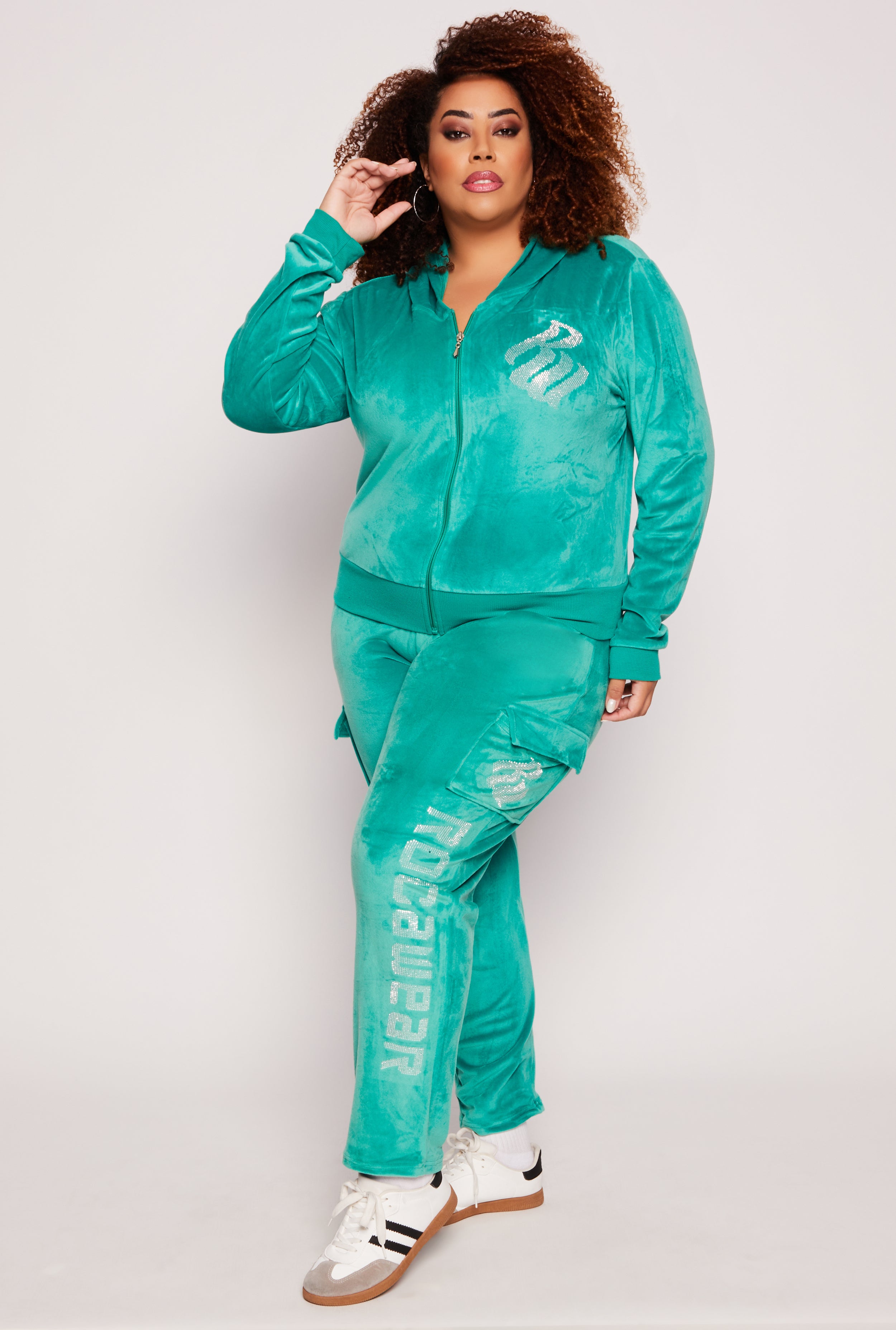 Plus Size Rocawear Rhinestone Velour Zip Front Hoodie、mySite、camillekostekn
