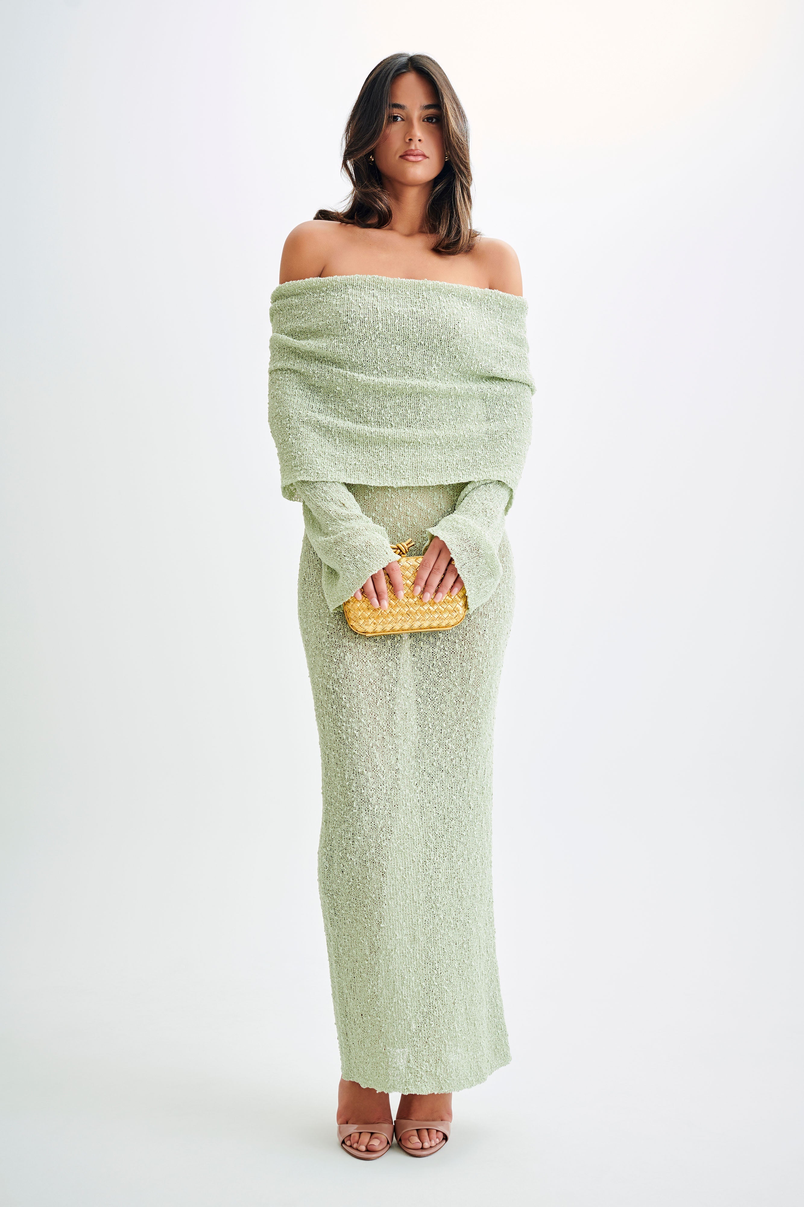 Marisol Off Shoulder Boucle Maxi Dress - Pastel Green、mySite、solidvoid