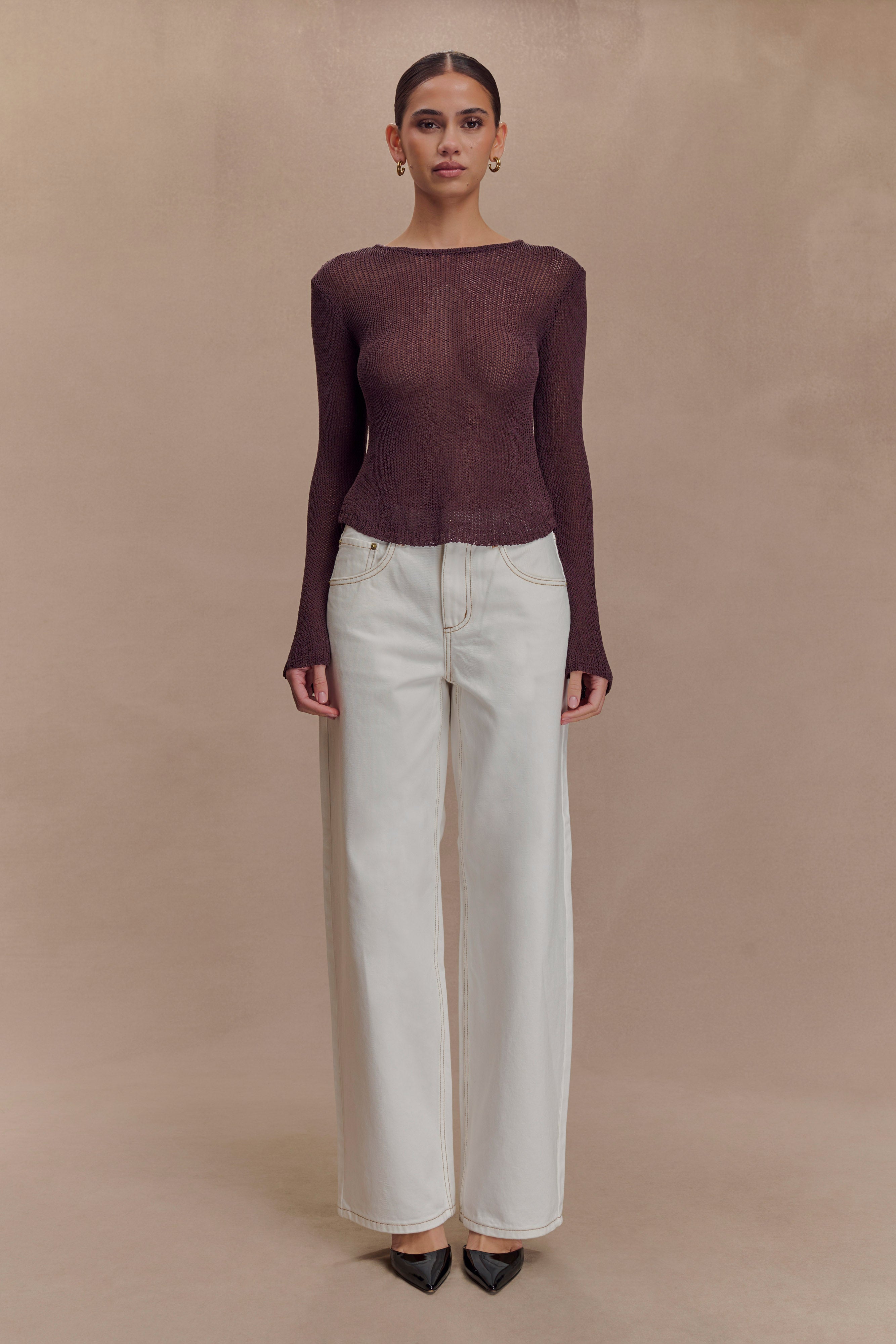 Isabella Long Sleeve Knit Top - Chocolate、mySite、solidvoid