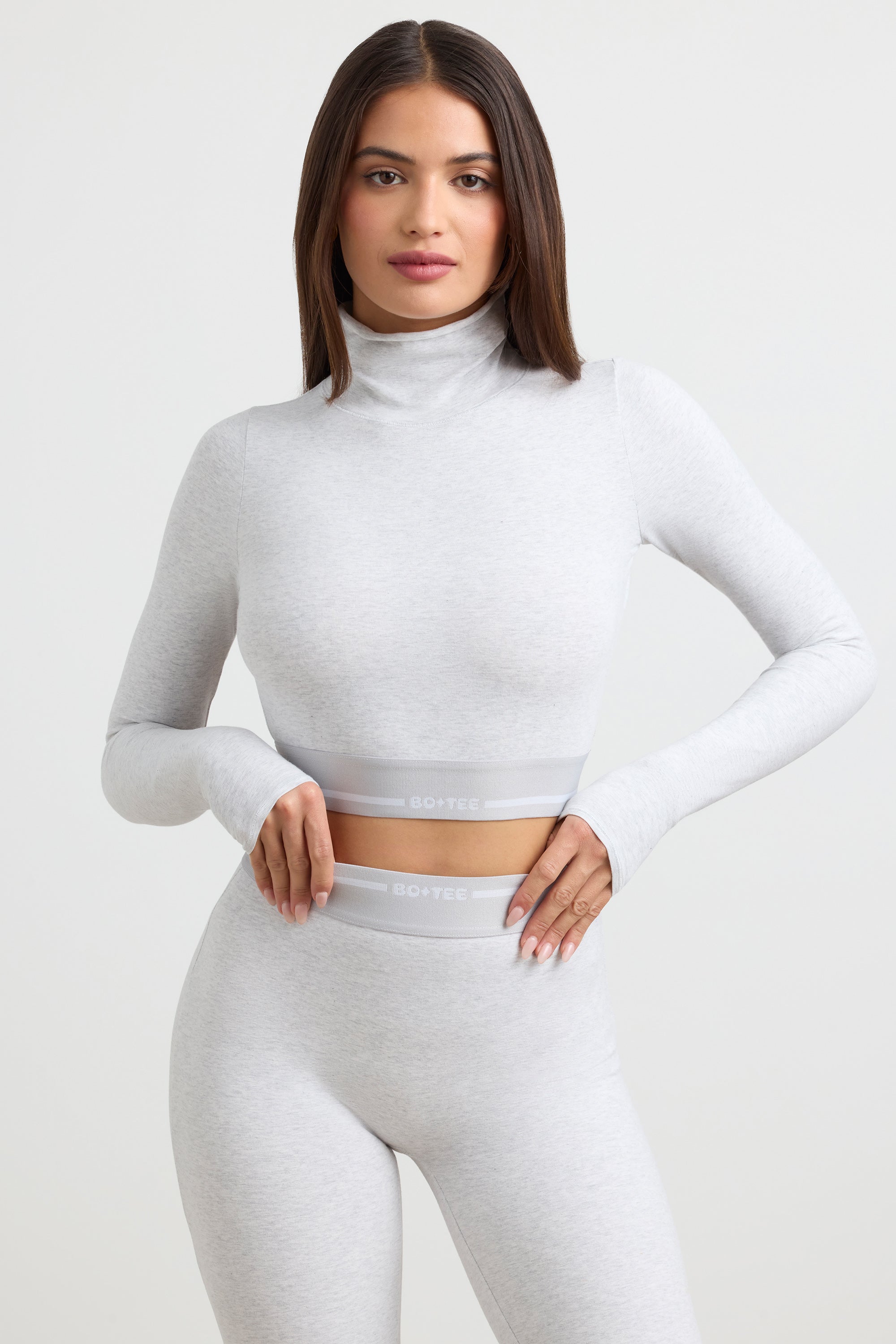 Turtleneck Backless Long-Sleeve Crop Top in Grey Marl、mySite、solidvoid