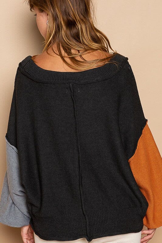 POL Exposed Seam Roll Edge Color Block V Neck Sweater、mySite、camillekostekn