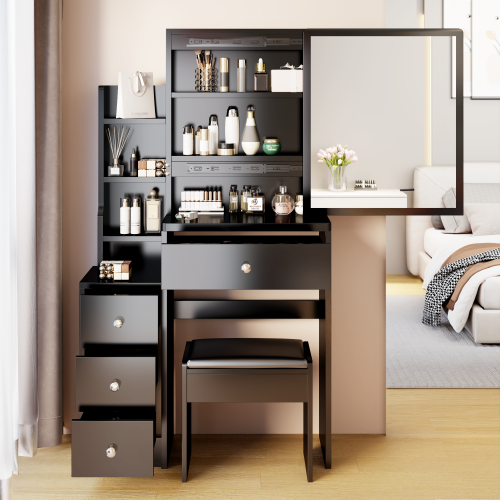 29.2" Small Size Left Bedside Cabinet Vanity Table + Cushioned Stool, Large Sliding, Touch Control, Tri-color Switching, Brightness Adjust LED Mirror, High Capacity Storage, Suitable for Small Space、、xpatfood