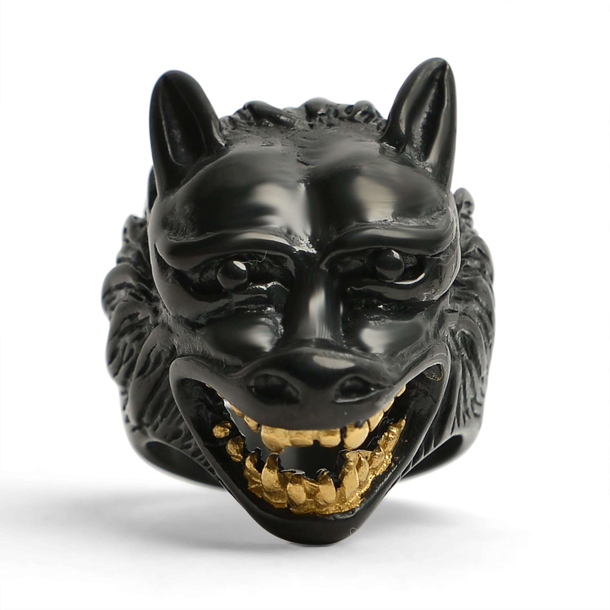 Stainless Steel Black Wolf With 18K Gold PVD Coated Teeth Ring / SCR3076、mySite、dreamappss