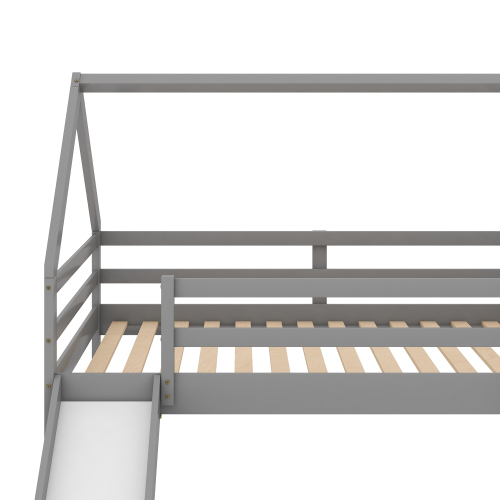 Twin Size Bunk House Bed with Slide and Ladder,Gray、、casual