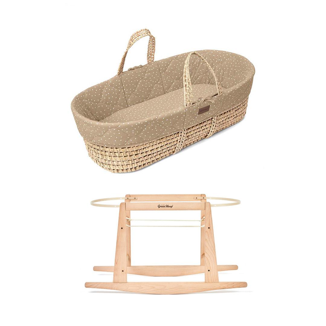  The Little Green Sheep Quilted Moses Basket and Rocking Stand Bundle - Truffle Rice Print、mySite、merchandisen