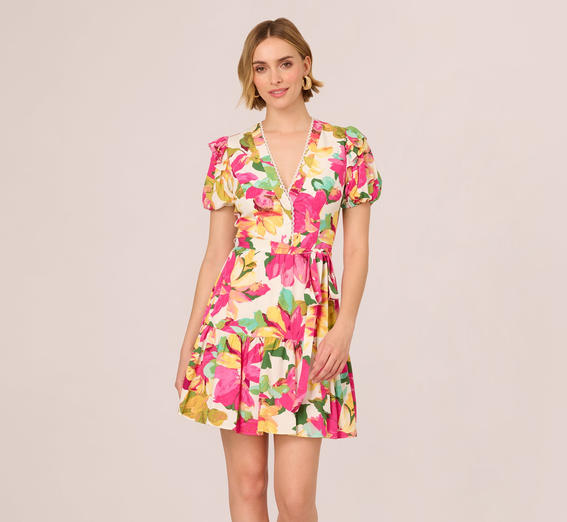 Puff Sleeve Flounce Mini Dress In White Multi、mySite、solidvoid