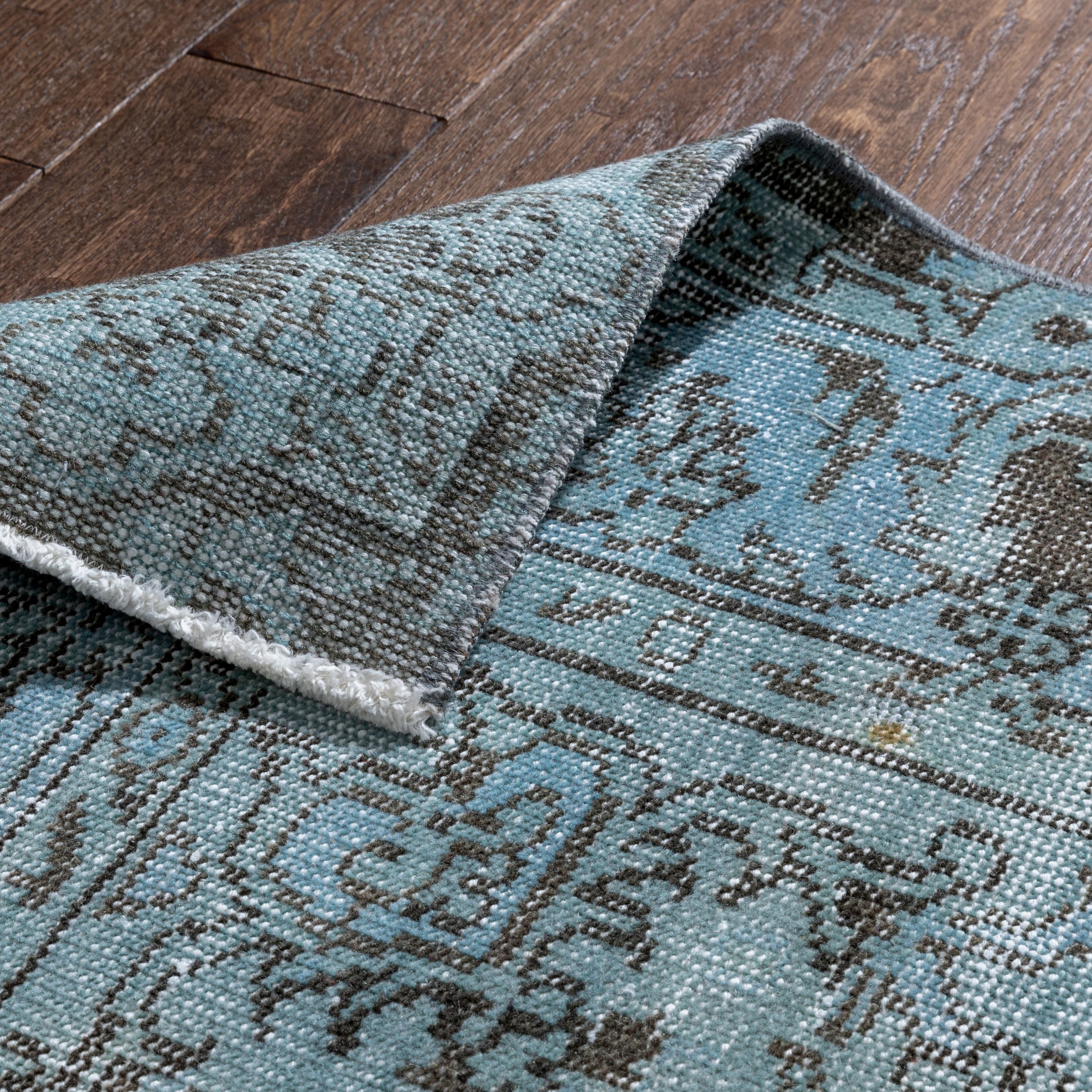 Ekrem Light Blue Overdyed Floral Pattern One-of-a-Kind Handmade Wool Area Rug 5'8 x 9'、mySite、gigharbornorthrealestate