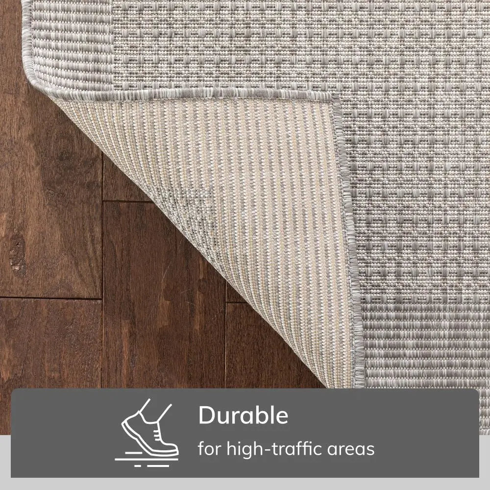 Odin Solid & Striped Border Indoor Outdoor Grey Ivory Flatweave Rug、mySite、gigharbornorthrealestate