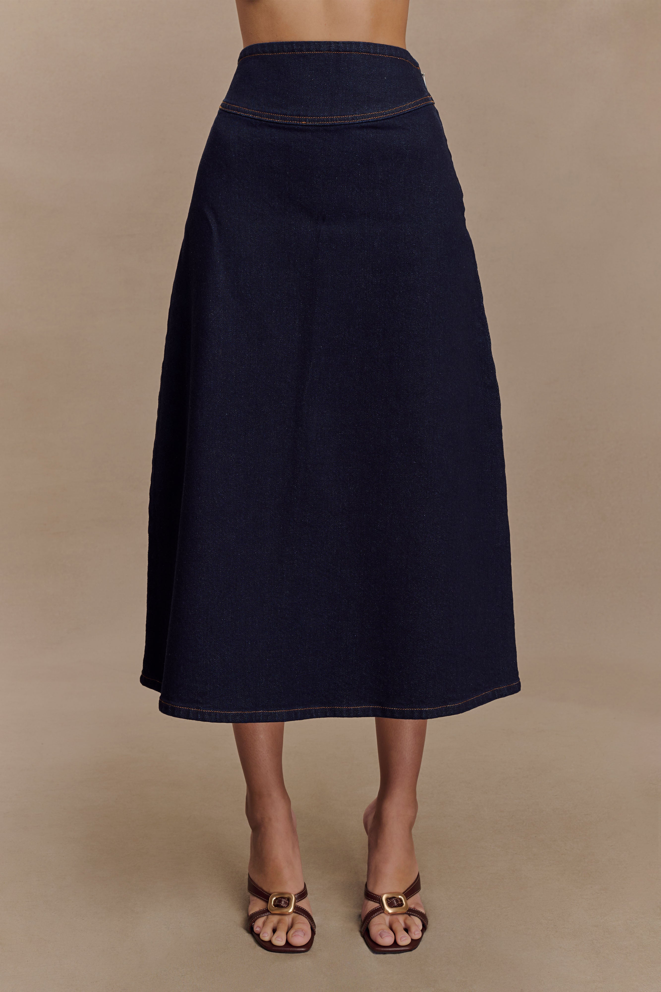 Cecilia Denim A-Line Midi Skirt - Indigo Blue、mySite、solidvoid