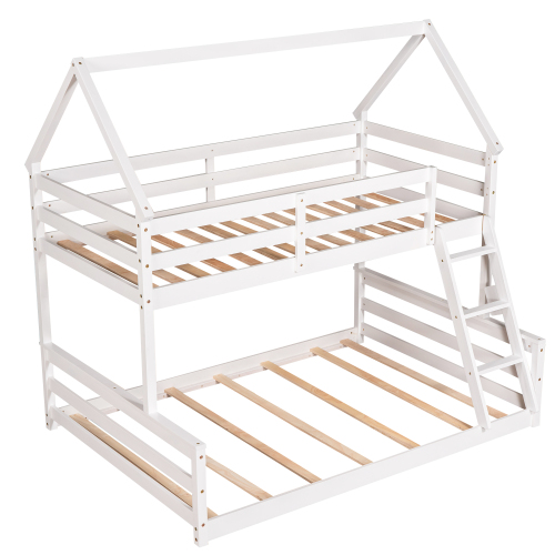 Twin Size Bunk House Bed with Slide and Ladder,White、、casual