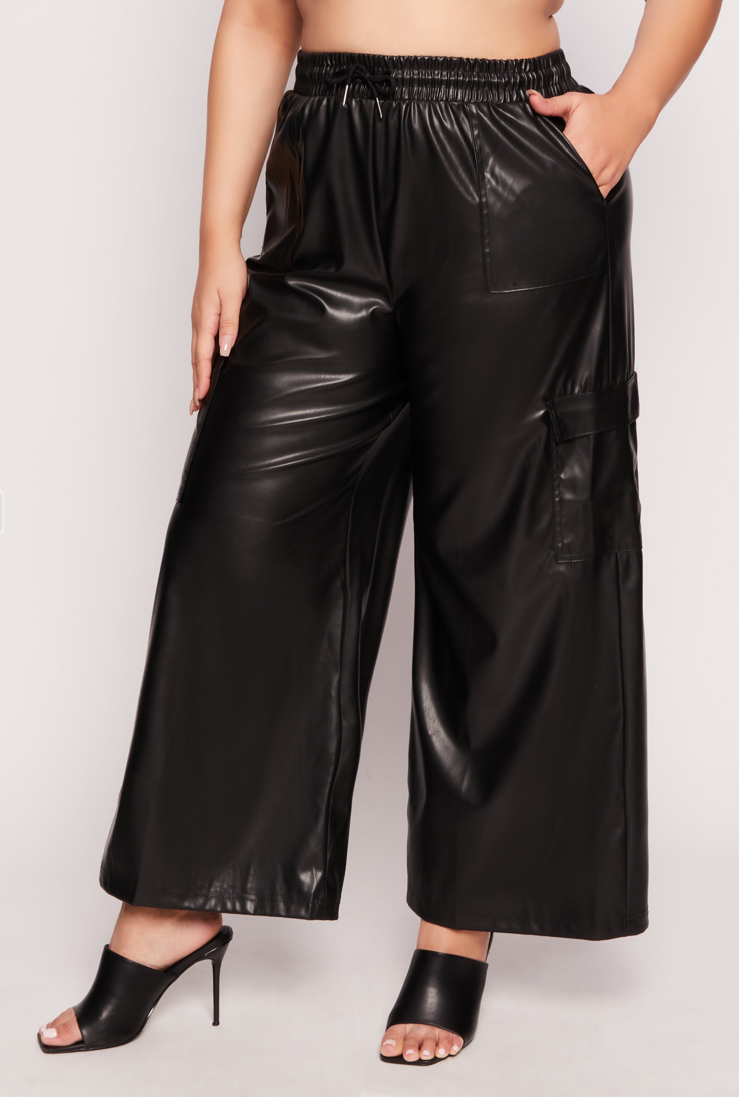 Plus Size Almost Famous Faux Leather Wide Leg Pants、mySite、camillekostekn