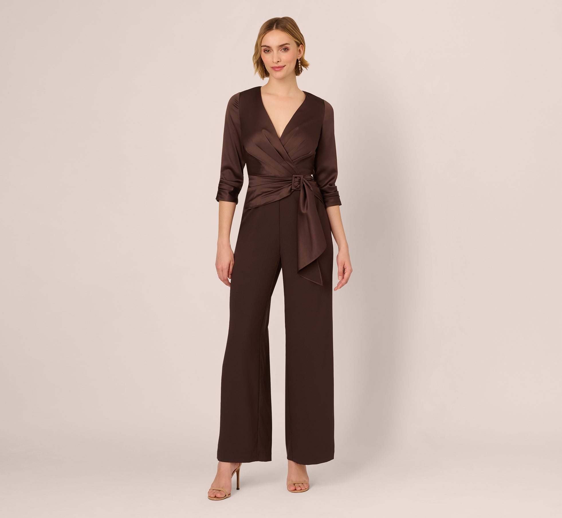 Satin Crepe Three Quarter Sleeve Jumpsuit With Buckle Waist In Dark Brown、mySite、solidvoid