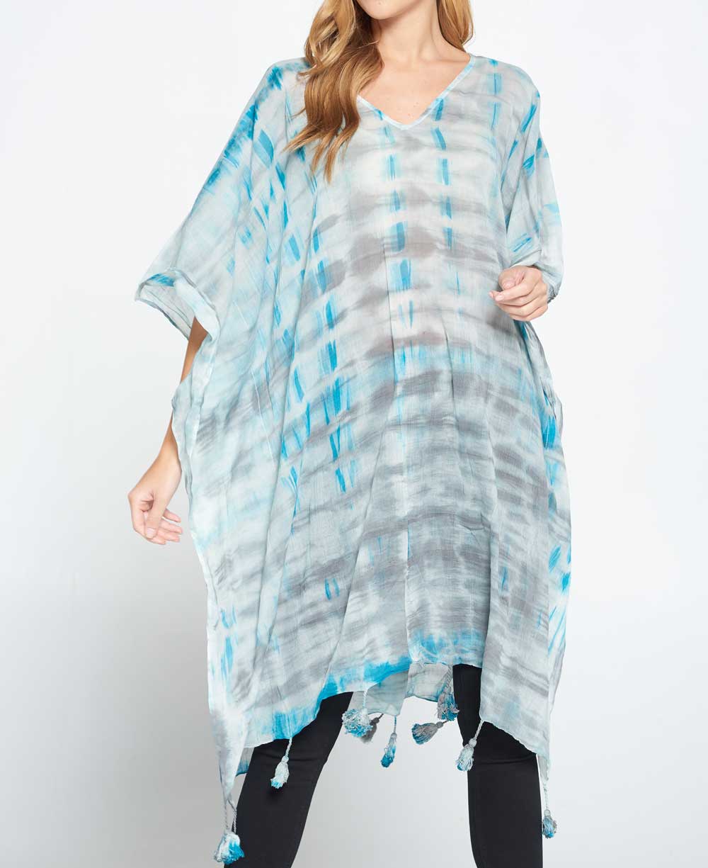 Tie and Dye Sheer Cotton Kaftan in Grey and Turquoise Tones、mySite、topwebapps
