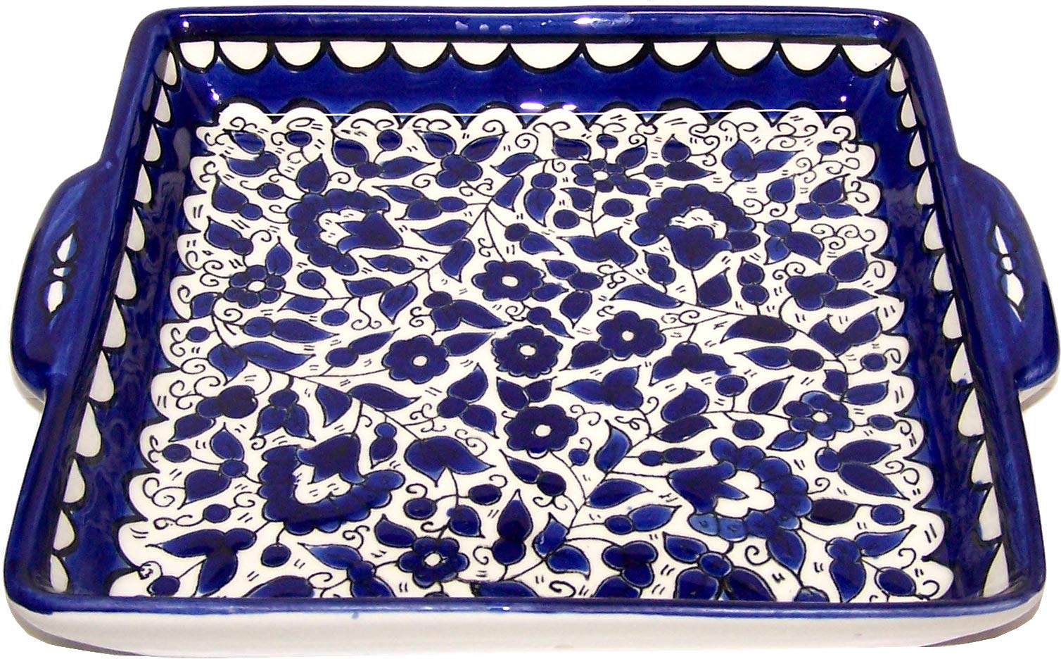  Holy Land Market Armenian Ceramic Blue Jerusalem Flowers square bread Plate - 9.5 Inches - Asfour Outlet Trademark、mySite、elrpsem3k