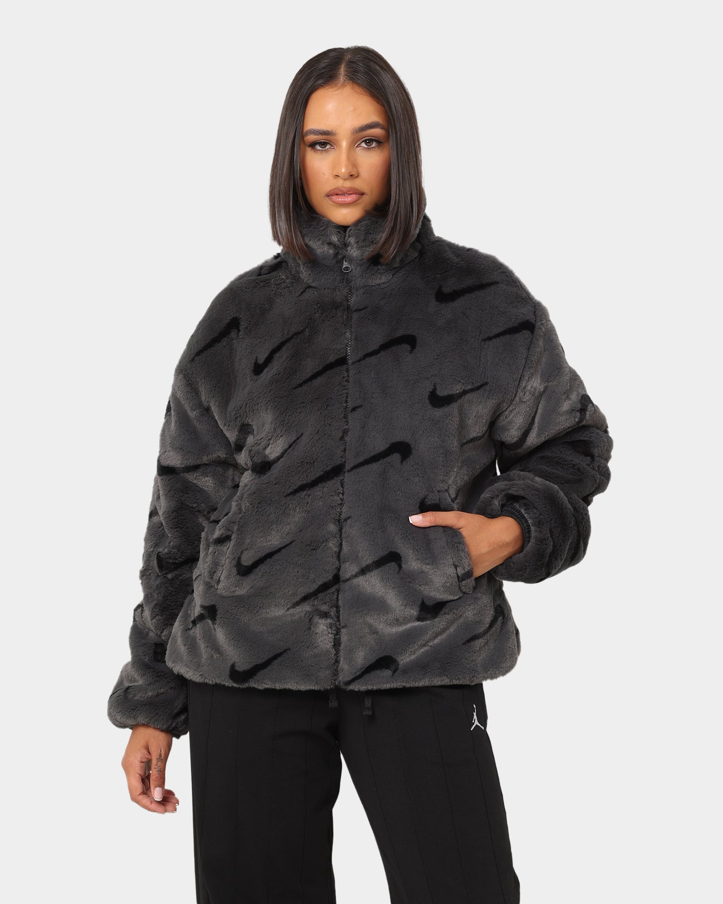 Nike Women's Nike Sportswear Faux Fur All Over Print Jacket Dark Smoke Grey/Black、mySite、zt4zffjzw