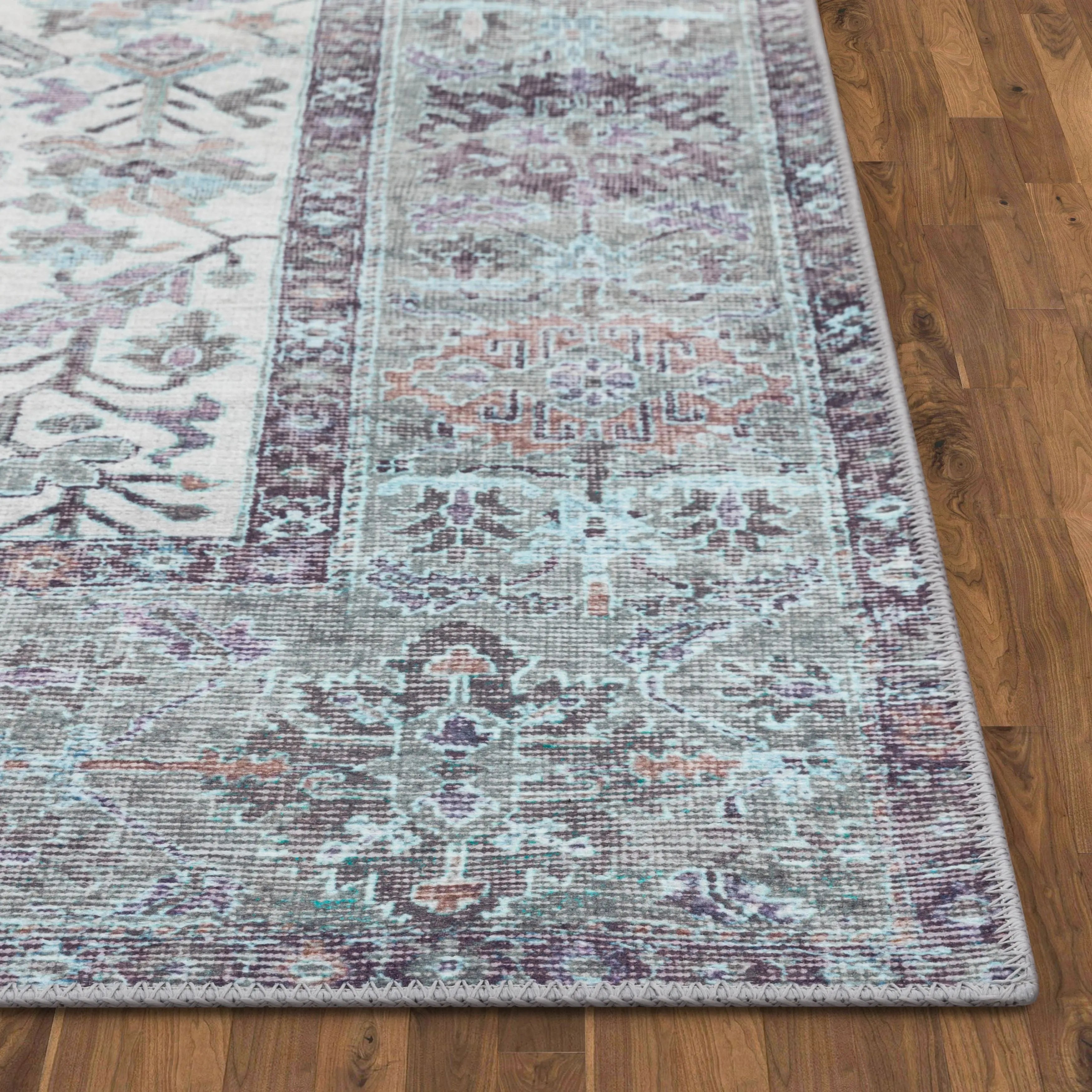 Macon Machine Washable Vintage Medallion Botanical Border Beige Flat-Weave Distressed 5'3 x 7'3 Rug、mySite、gigharbornorthrealestate