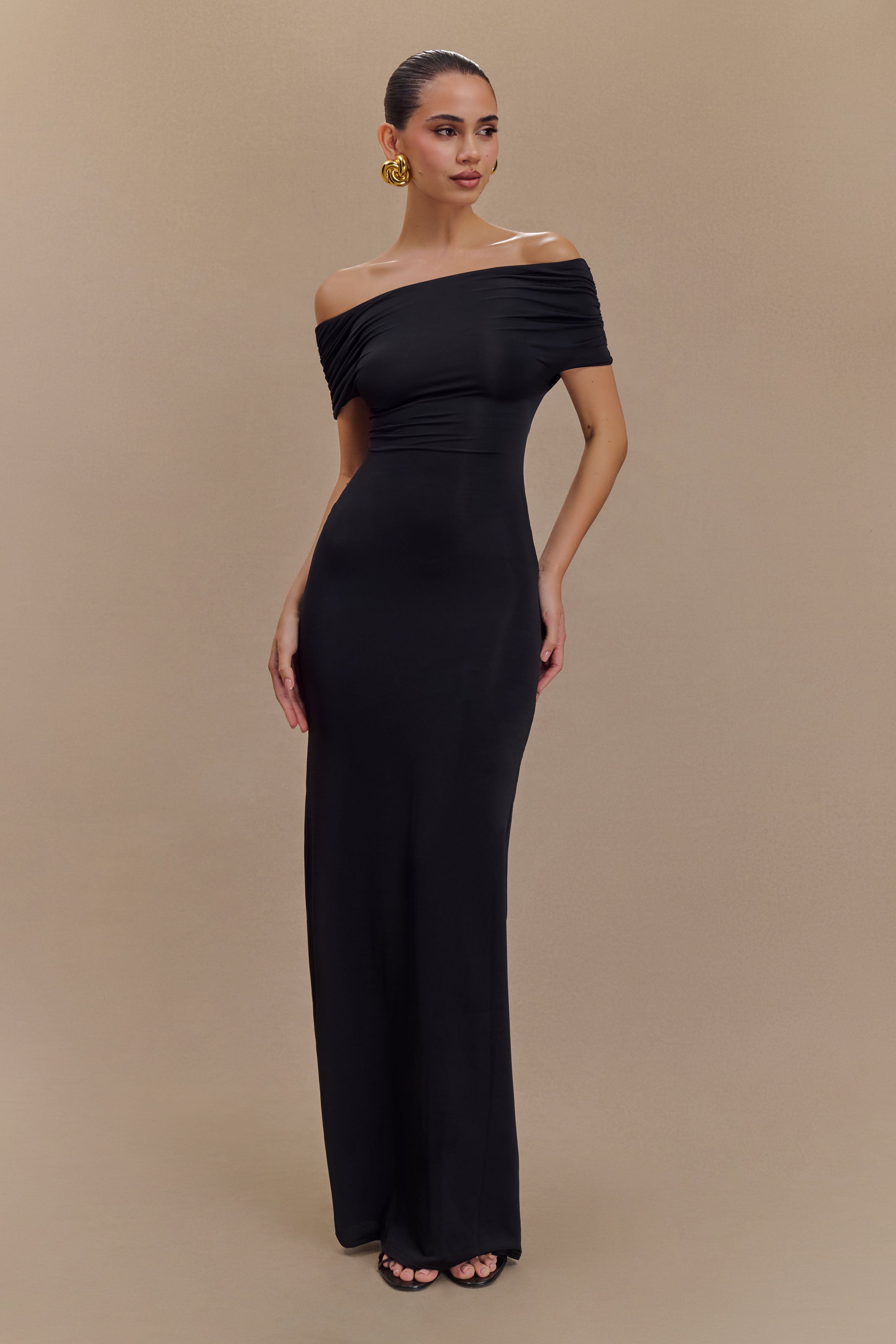Imogen Off Shoulder Slinky Maxi Dress - Black、mySite、solidvoid