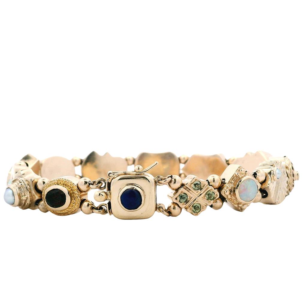  Estate 14K Yellow Gold Multi Gemstone & Diamond Link Bracelet