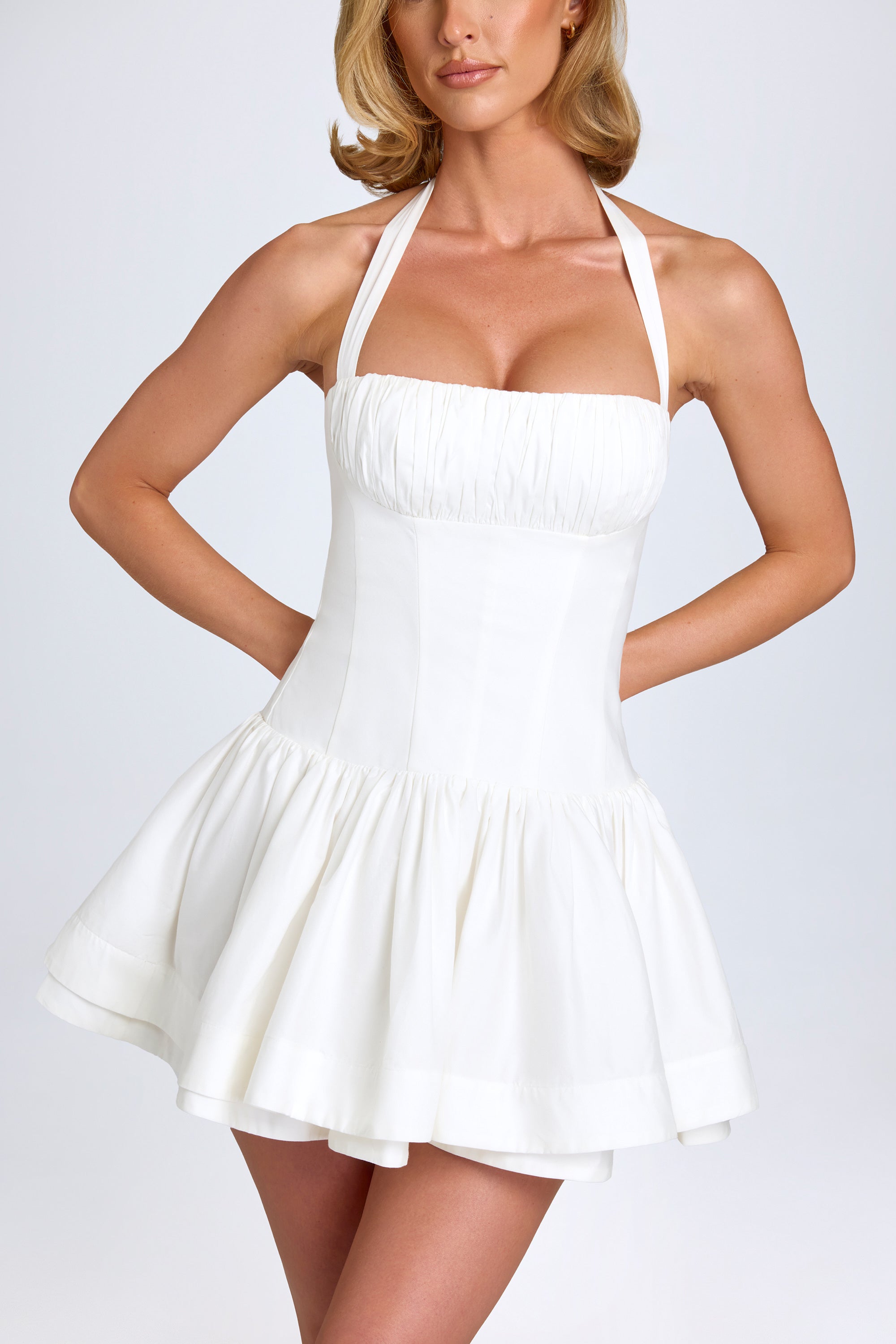 Ruched Halterneck Mini Dress in White、mySite、solidvoid