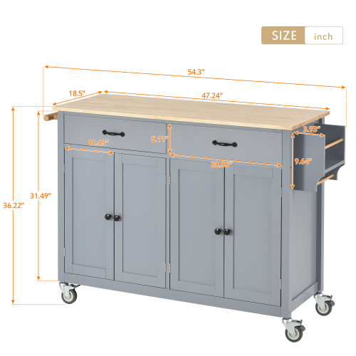 Kitchen Island Cart with Solid Wood Top and Locking Wheels,54.3 Inch Width,4 Door Cabinet and Two Drawers,Spice Rack, Towel Rack (White)、、casual