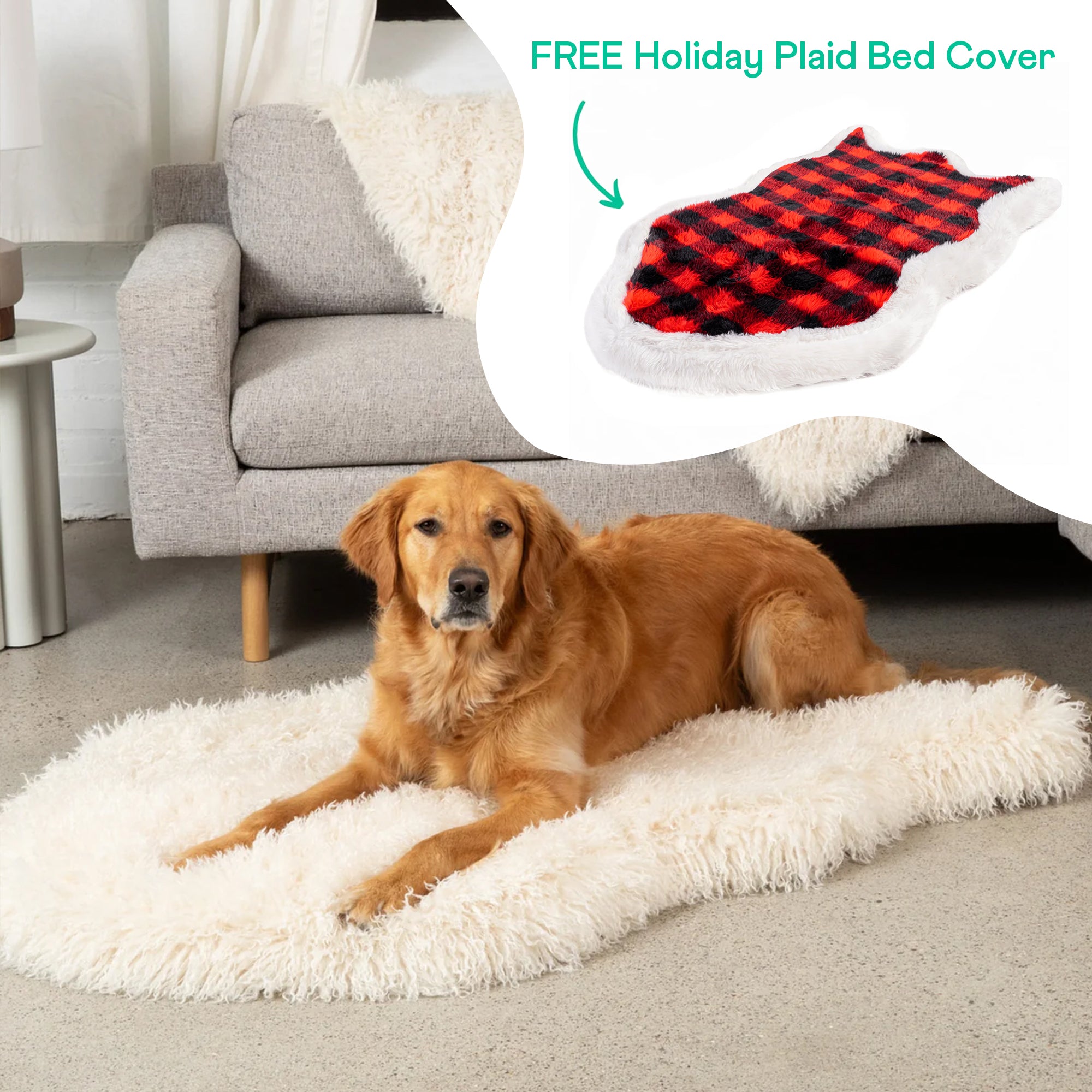 PupRug™ Luxe Faux Fur Ivory Plush Sheep Orthopedic Dog Bed + FREE Red & Black Plaid Bed Cover、mySite、solidvoid