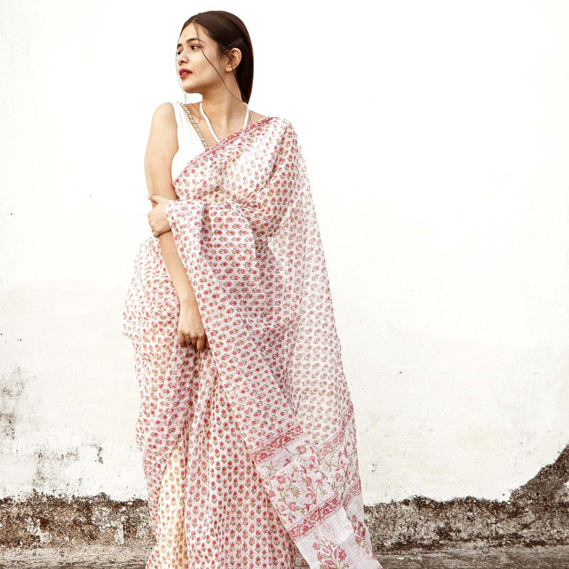 Handblock Printed Kota Doria Saree | White & Red、mySite、camillekostekn