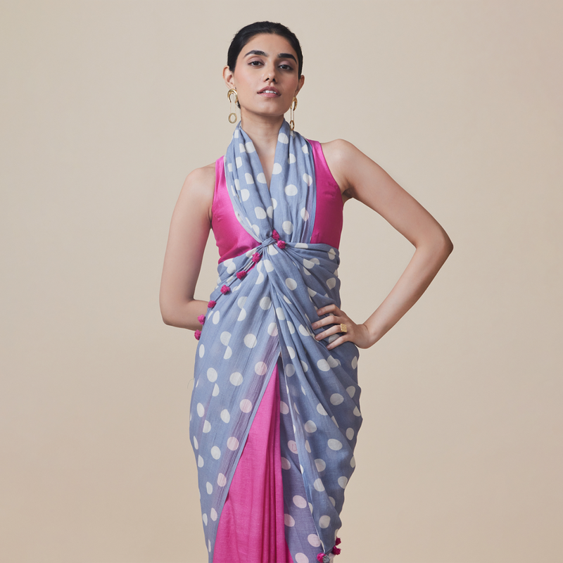 Cotton Solid Saree with Blouse | Polka Dots | Puple & Pink、mySite、camillekostekn