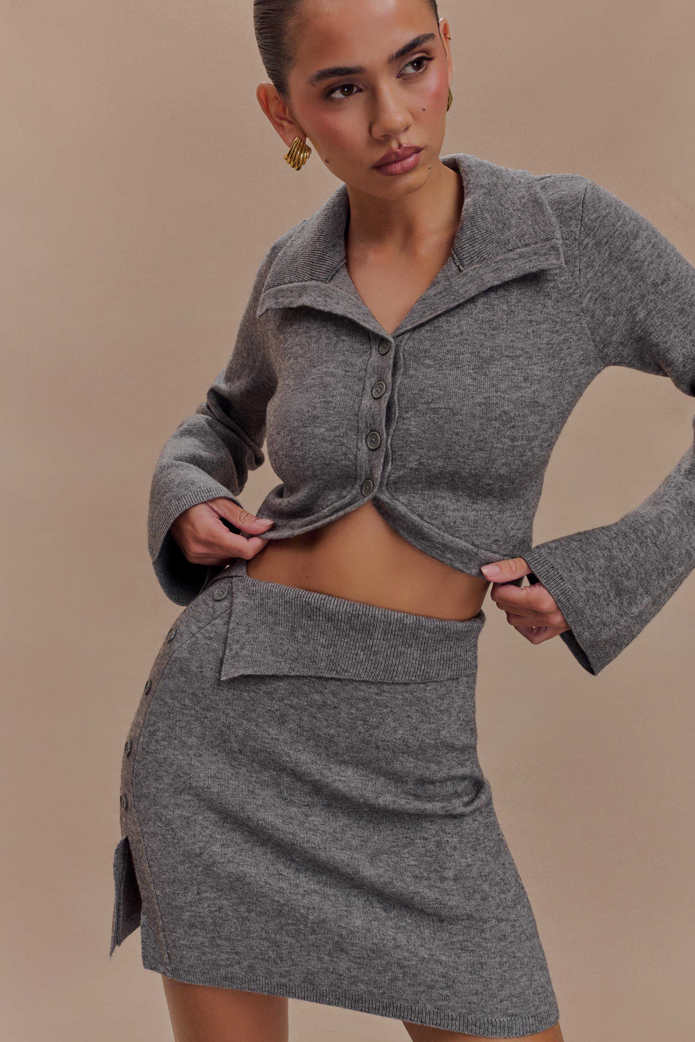 Annabelle Knit Curved Hem Cardigan - Charcoal、mySite、solidvoid