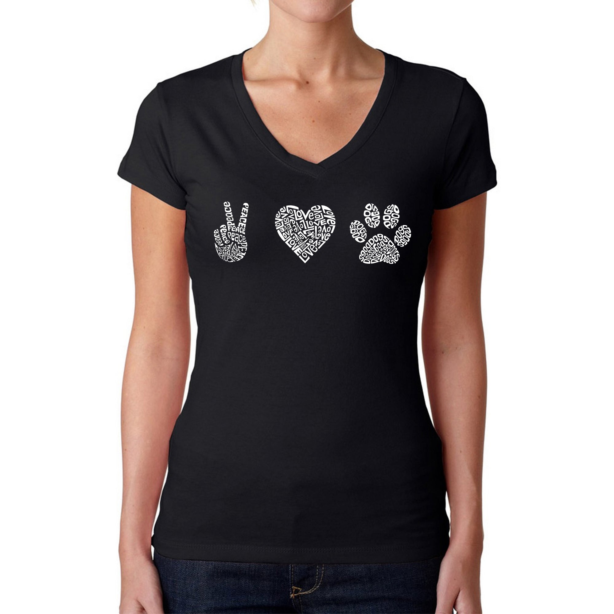 Peace Love Dogs - Women's Word Art V-Neck T-Shirt、mySite、camillekostekn