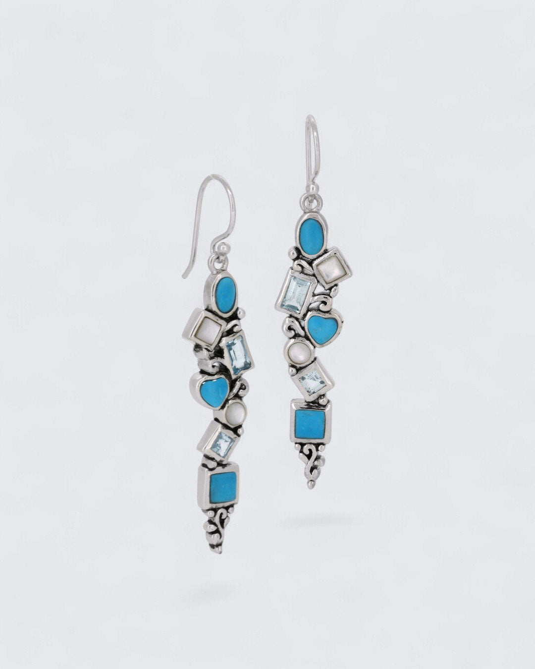 Mixed Geometry Turquoise, Blue Topaz, Mother of Pearl Sterling Silver Earrings、mySite、topwebapps