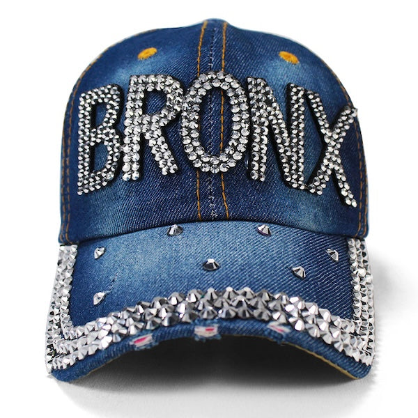 Rhinestone BRONX Washed Denim Hat – Unisex Fit with Leather Back Strap、mySite、vikingsvslions