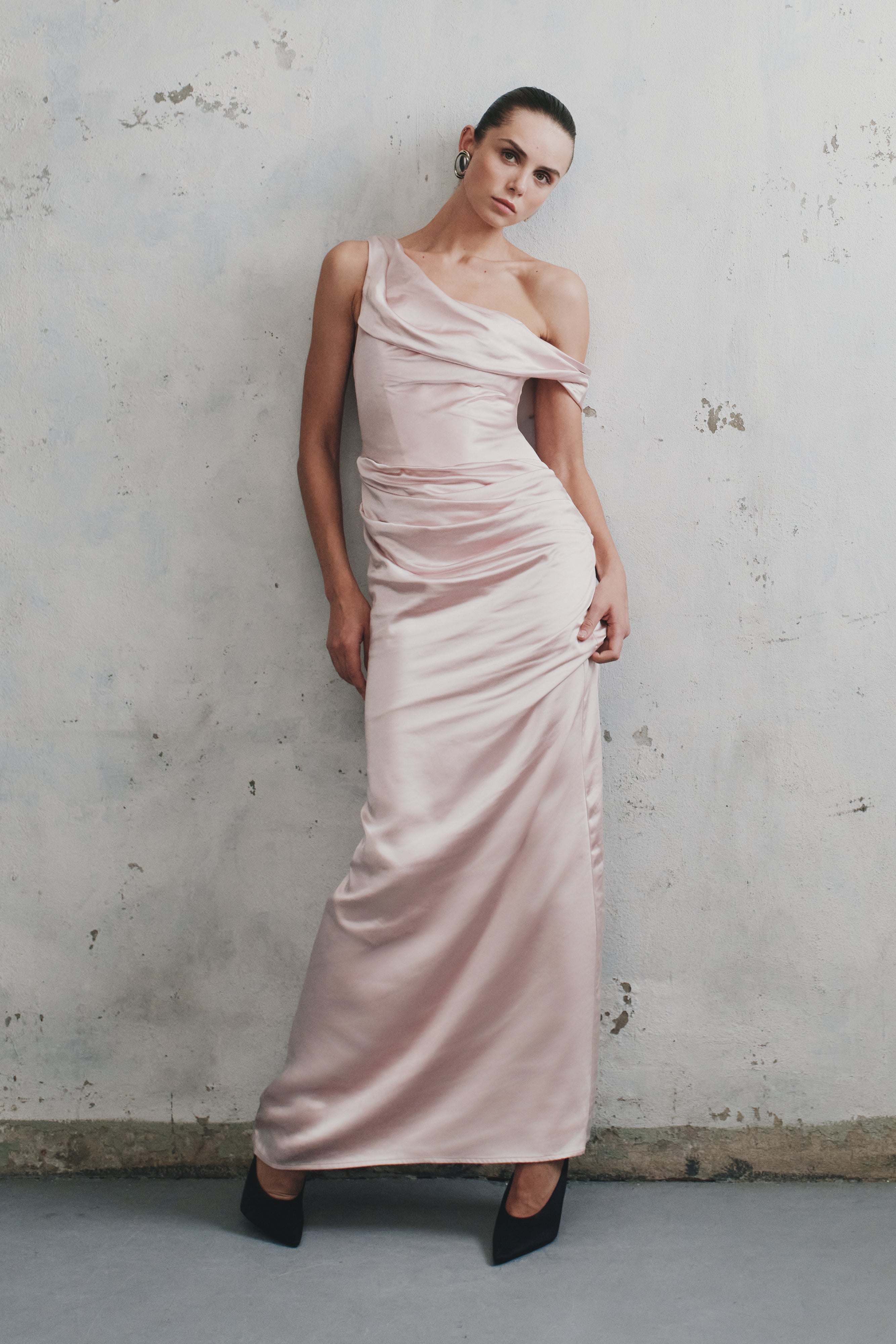 Dalia Off Shoulder Satin Maxi Dress - Soft Pink、mySite、solidvoid